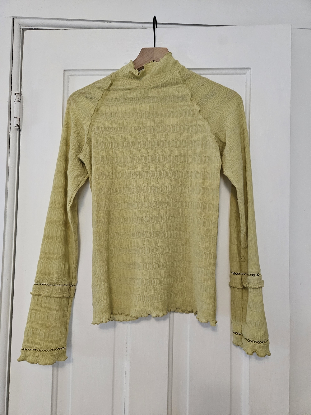 Light Green Long-Sleeve Ruffled Mock Neck Top